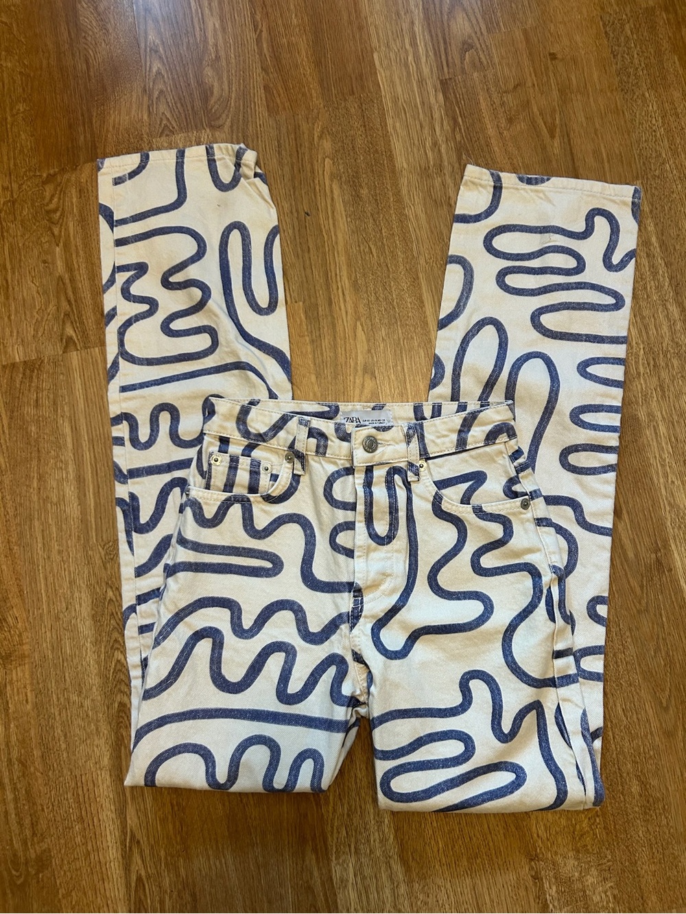 Zara Cream Jeans with Navy Squiggle Print